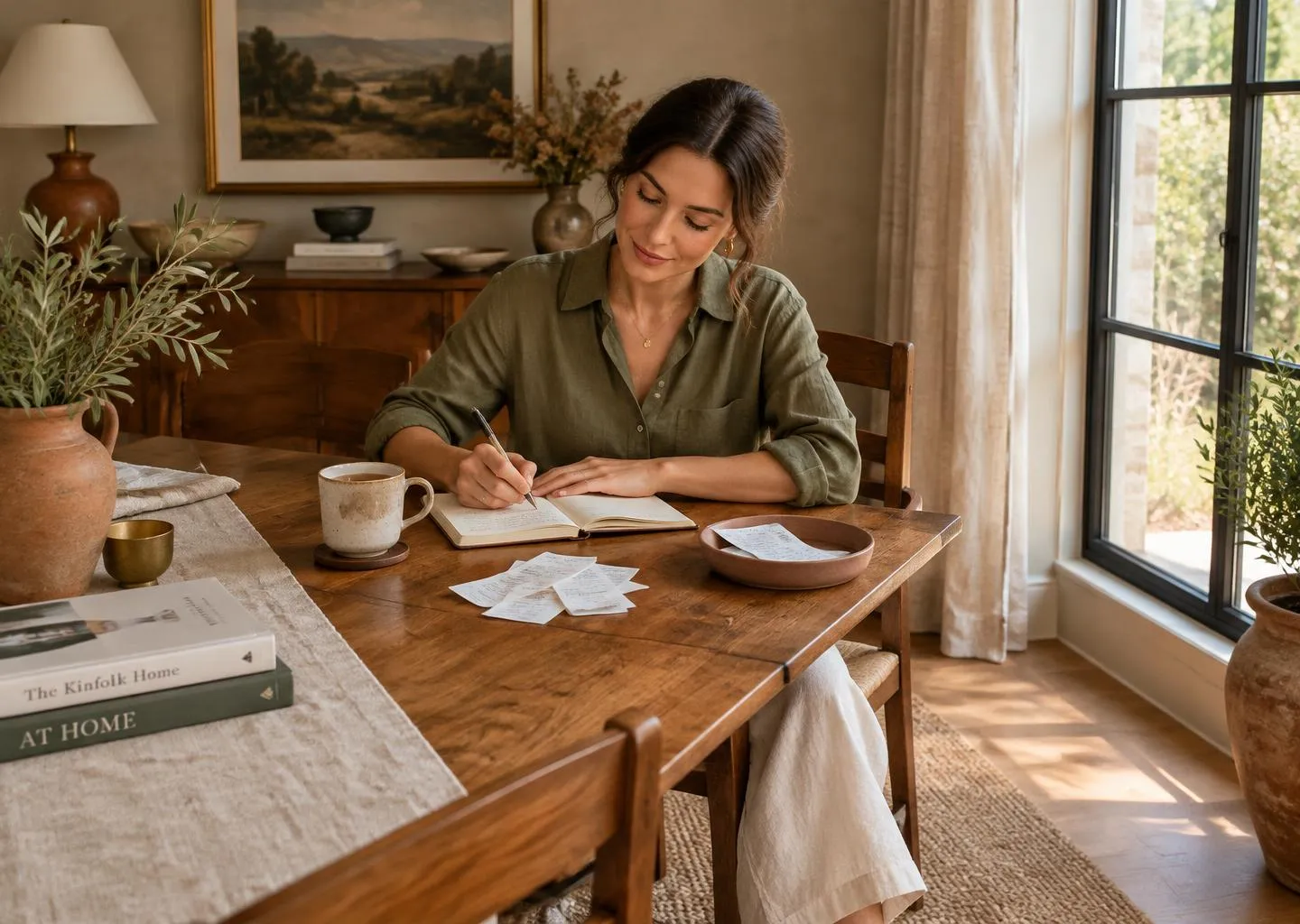 Mulher anotando os gastos da casa num caderno, com uma xícara de chá.